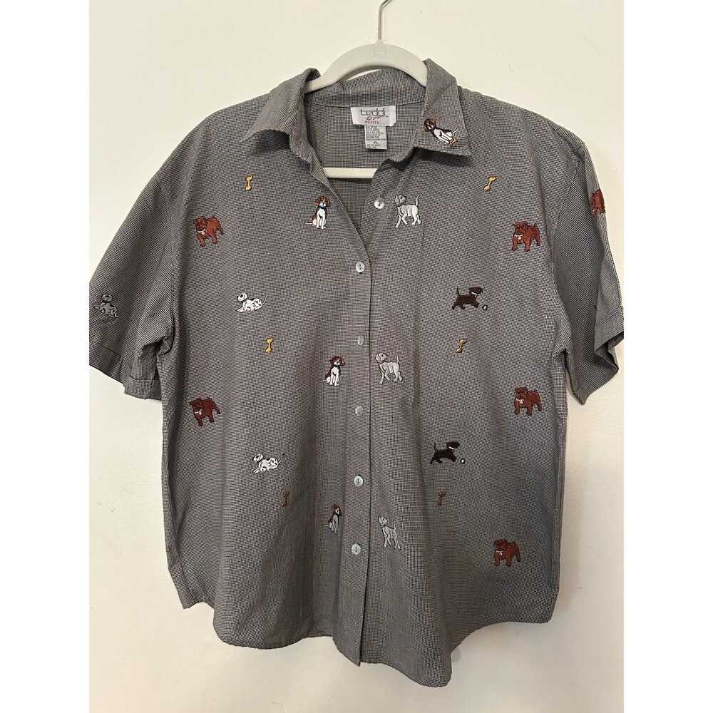 Teddi Vtg Embroidered Dogs Button Down SS Shirt Petite L Tiny Black & White Ckd